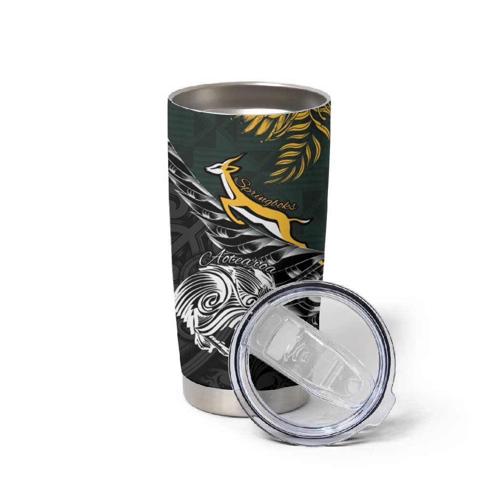 New Zealand vs South Africa Rugby Personalised Tumbler Cup Maori Kiwi With Springboks