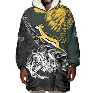 New Zealand vs South Africa Rugby Personalised Wearable Blanket Hoodie Maori Kiwi With Springboks