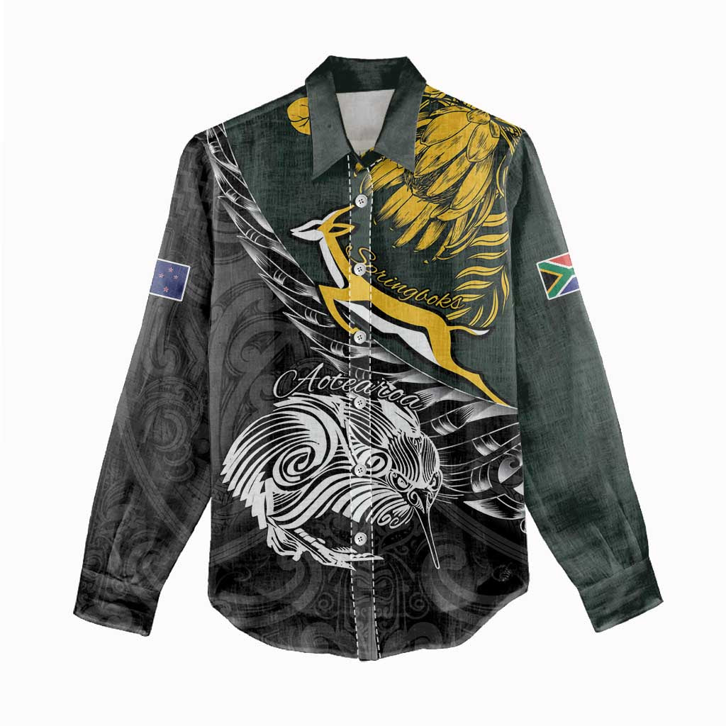 New Zealand vs South Africa Rugby Personalised Women Casual Shirt Maori Kiwi With Springboks