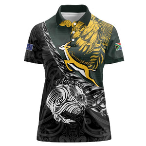 New Zealand vs South Africa Rugby Personalised Women Polo Shirt Maori Kiwi With Springboks