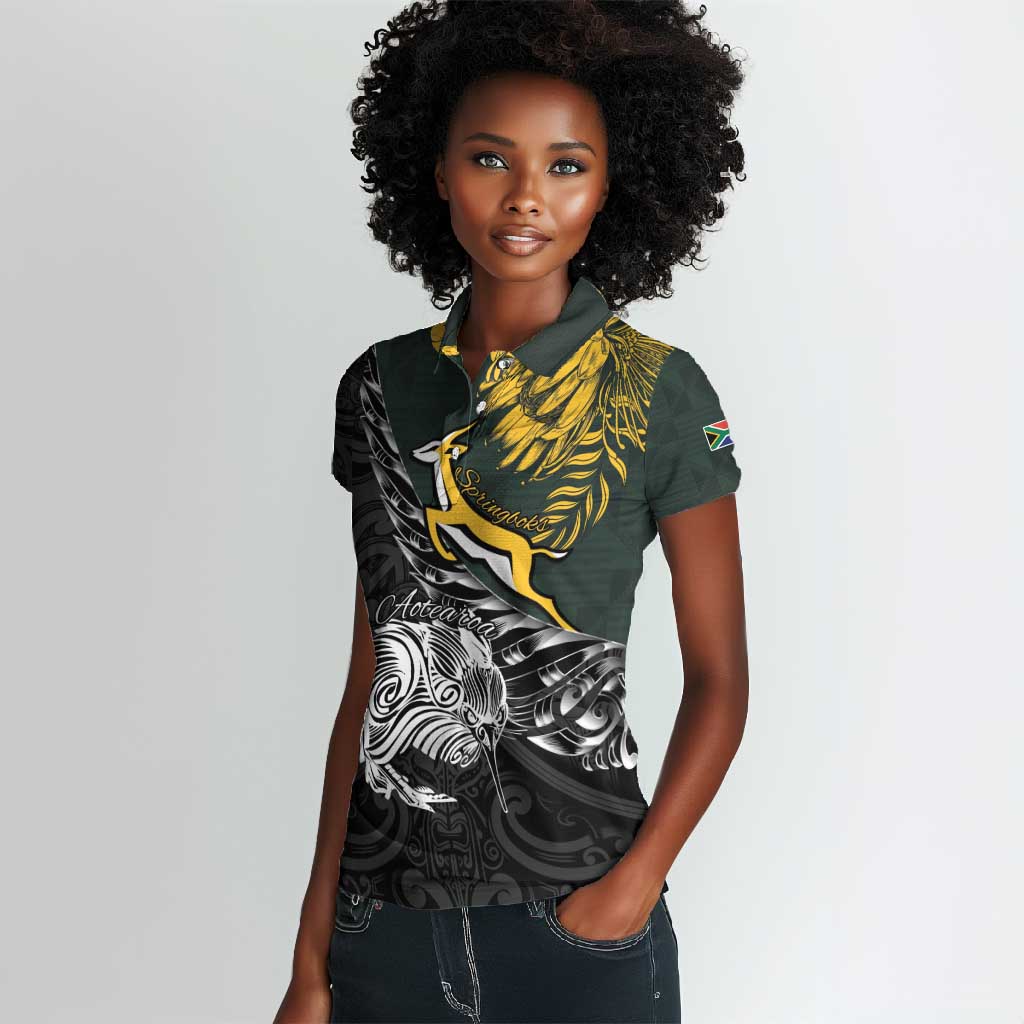 New Zealand vs South Africa Rugby Personalised Women Polo Shirt Maori Kiwi With Springboks