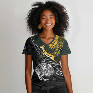 New Zealand vs South Africa Rugby Personalised Women V-Neck T-Shirt Maori Kiwi With Springboks