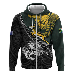 New Zealand vs South Africa Rugby Personalised Zip Hoodie Maori Kiwi With Springboks