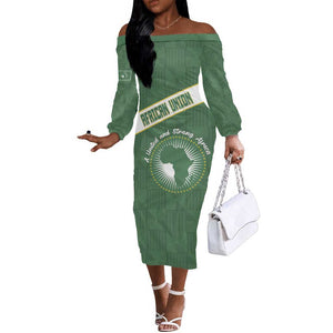 Personalized African Union Day Off The Shoulder Long Sleeve Dress Emblem With Kente Pattern - African Pride