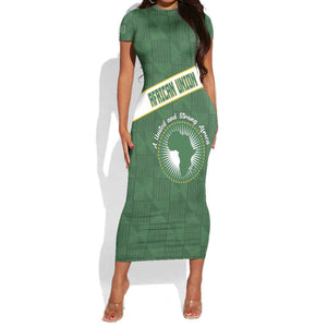 Personalized African Union Day Short Sleeve Bodycon Dress Emblem With Kente Pattern - African Pride