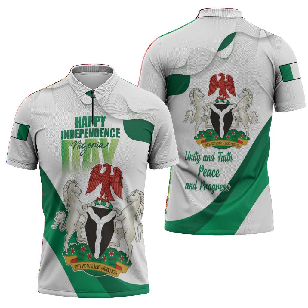 Personalized Nigeria Independence Day Zipper Polo Shirt Unity and Faith Peace and Progress