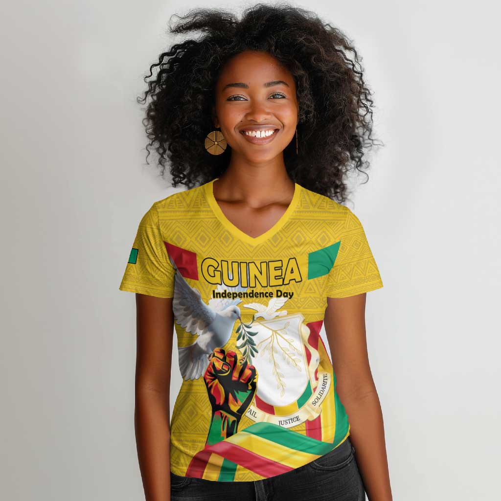 Guinea Personalized Women V-Neck T-Shirt Happy Independence Day - African Pride