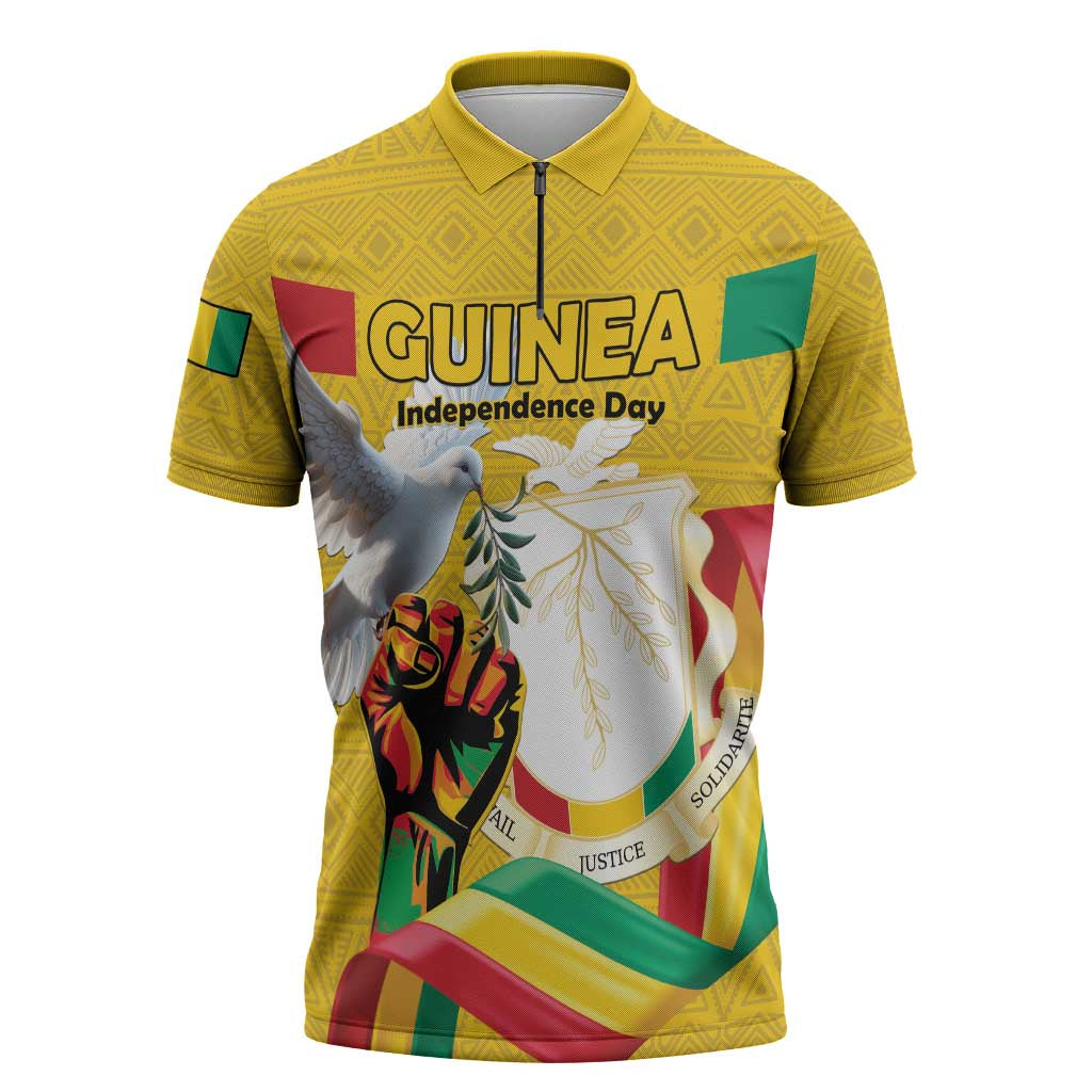 Personalized Guinea Independence Day Zipper Polo Shirt Coat Of Arms With African Pattern