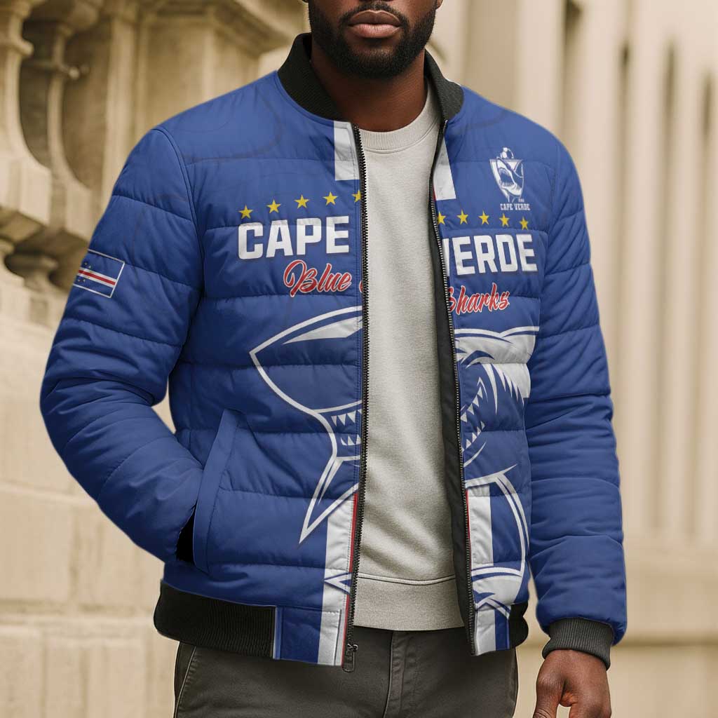 Custom Cape Verde Football Bomber Puffer Jacket Go Champions Blue Sharks