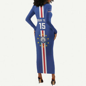 Custom Cape Verde Football Long Sleeve Bodycon Dress Go Champions Tubaroes Azuis - African Pride