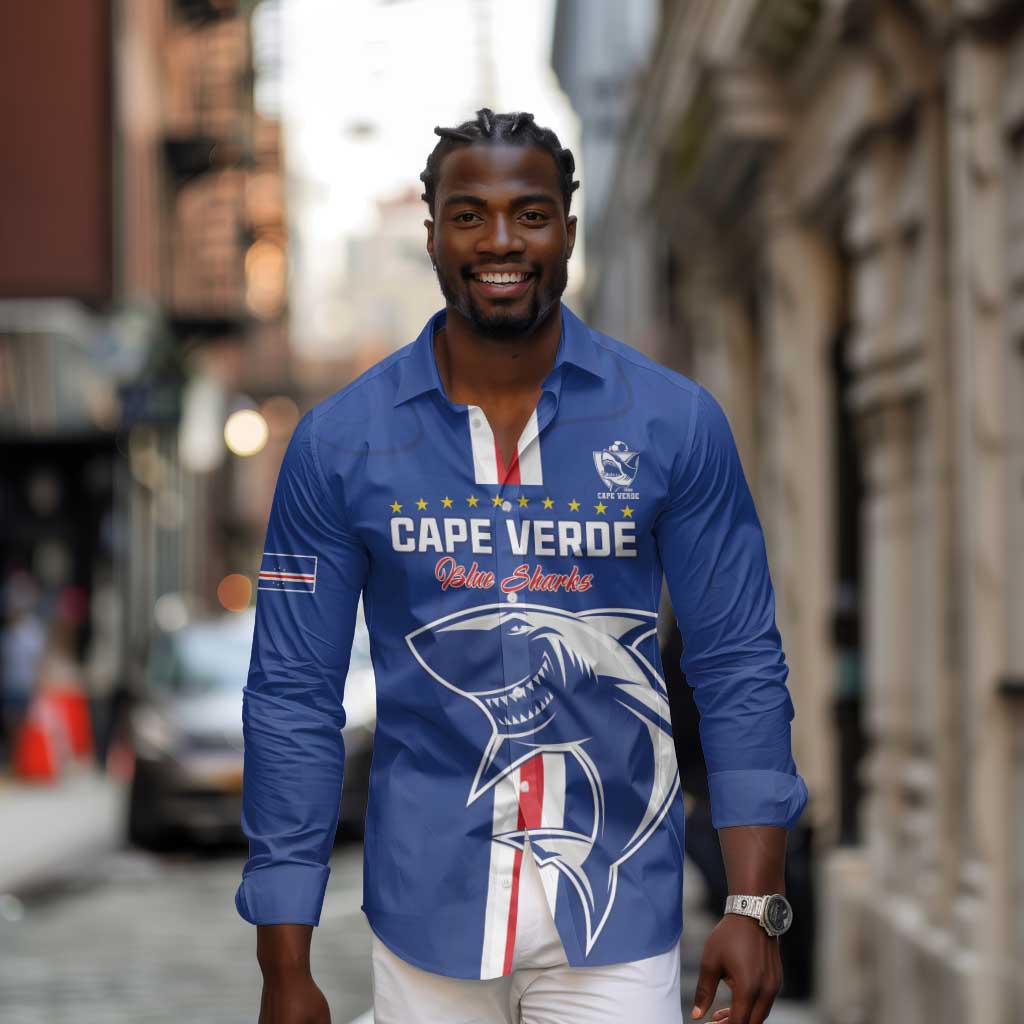 Custom Cape Verde Football Long Sleeve Button Shirt Go Champions Tubaroes Azuis - African Pride