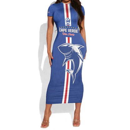 Custom Cape Verde Football Short Sleeve Bodycon Dress Go Champions Tubaroes Azuis - African Pride