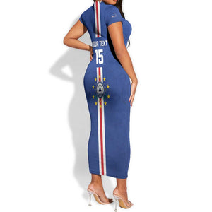 Custom Cape Verde Football Short Sleeve Bodycon Dress Go Champions Tubaroes Azuis - African Pride