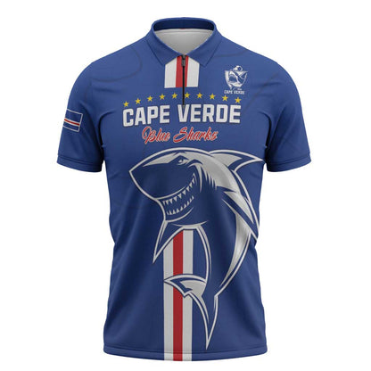 Custom Cape Verde Football Zipper Polo Shirt Go Champions Blue Sharks