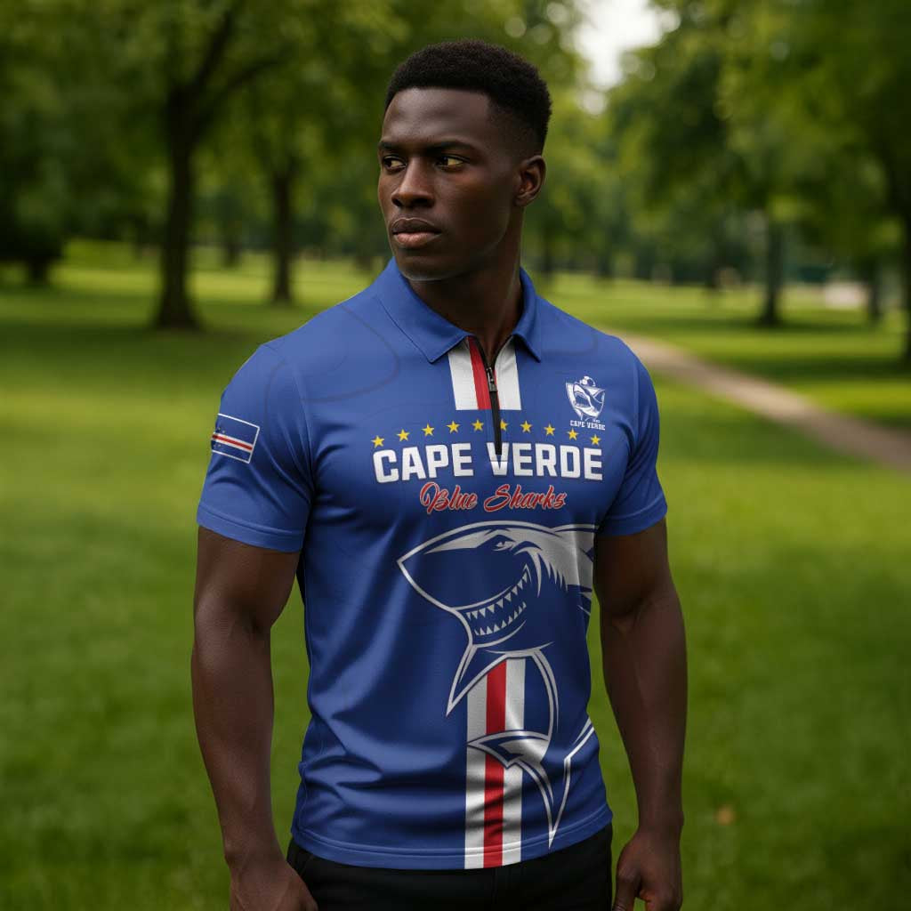 Custom Cape Verde Football Zipper Polo Shirt Go Champions Blue Sharks