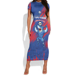 Custom Cape Verde Football Short Sleeve Bodycon Dress Blue Sharks - Pride of the Islands - African Pride
