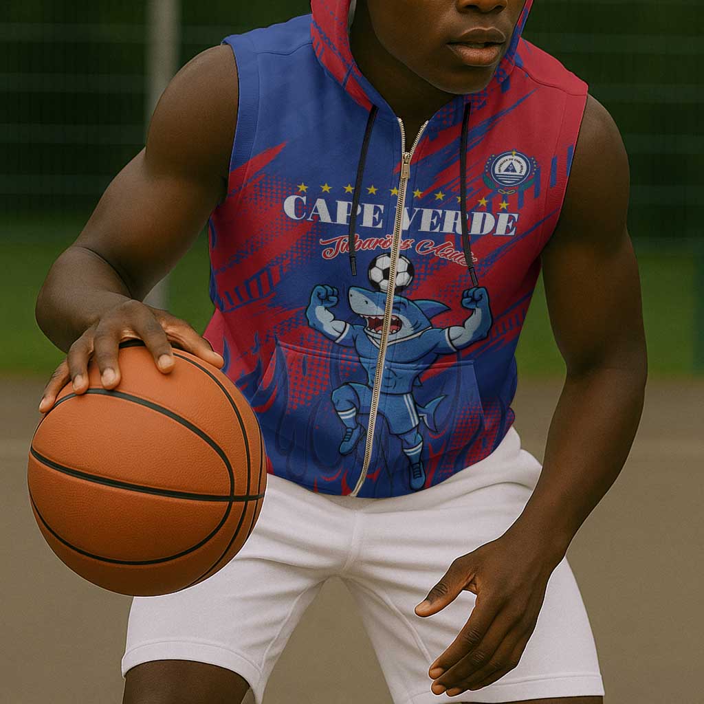Custom Cape Verde Football Sleeveless Zip Hoodie Blue Sharks - Pride of the Islands - African Pride
