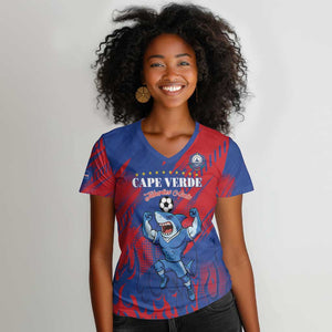 Custom Cape Verde Football Women V-Neck T-Shirt Blue Sharks - Pride of the Islands - African Pride