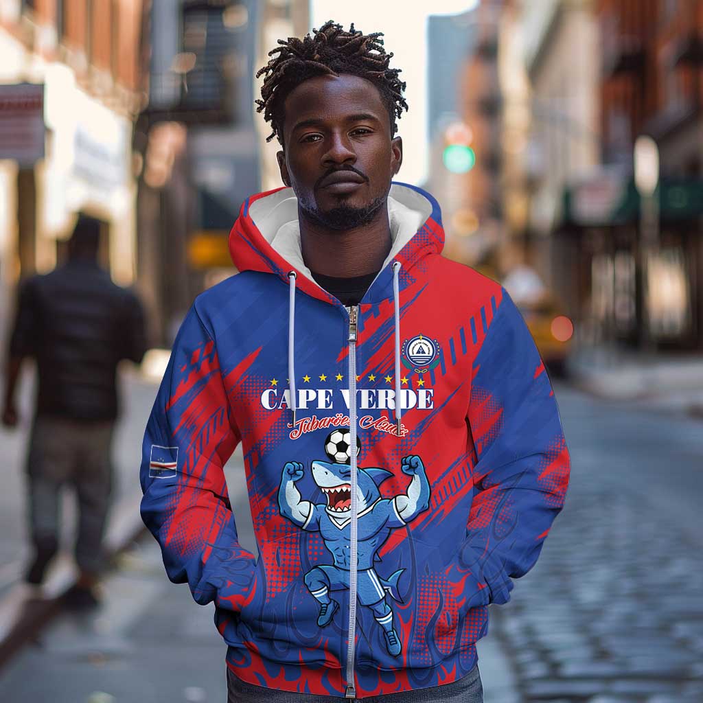Custom Cape Verde Football Zip Hoodie Blue Sharks - Pride of the Islands - African Pride