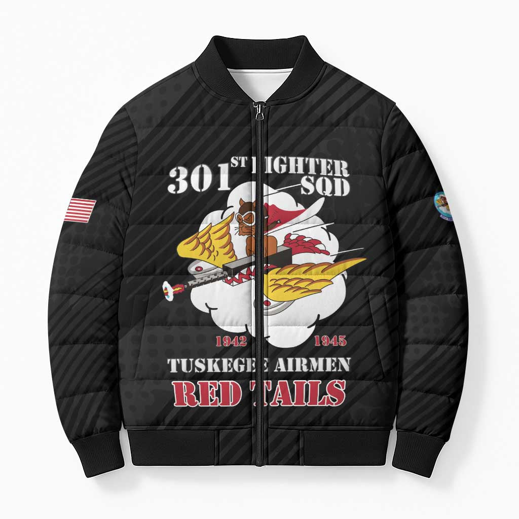 Personalized Tuskegee Airmen Red Tails Bomber Puffer Jacket 301st Fighter Squadron - Black