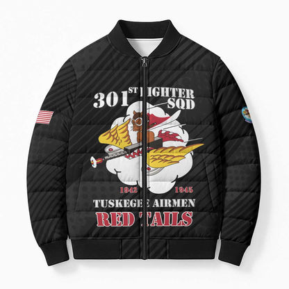 Personalized Tuskegee Airmen Red Tails Bomber Puffer Jacket 301st Fighter Squadron - Black