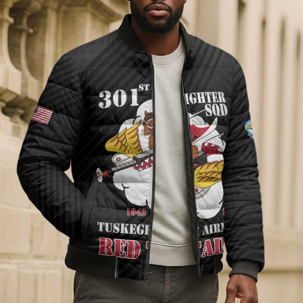 Personalized Tuskegee Airmen Red Tails Bomber Puffer Jacket 301st Fighter Squadron - Black