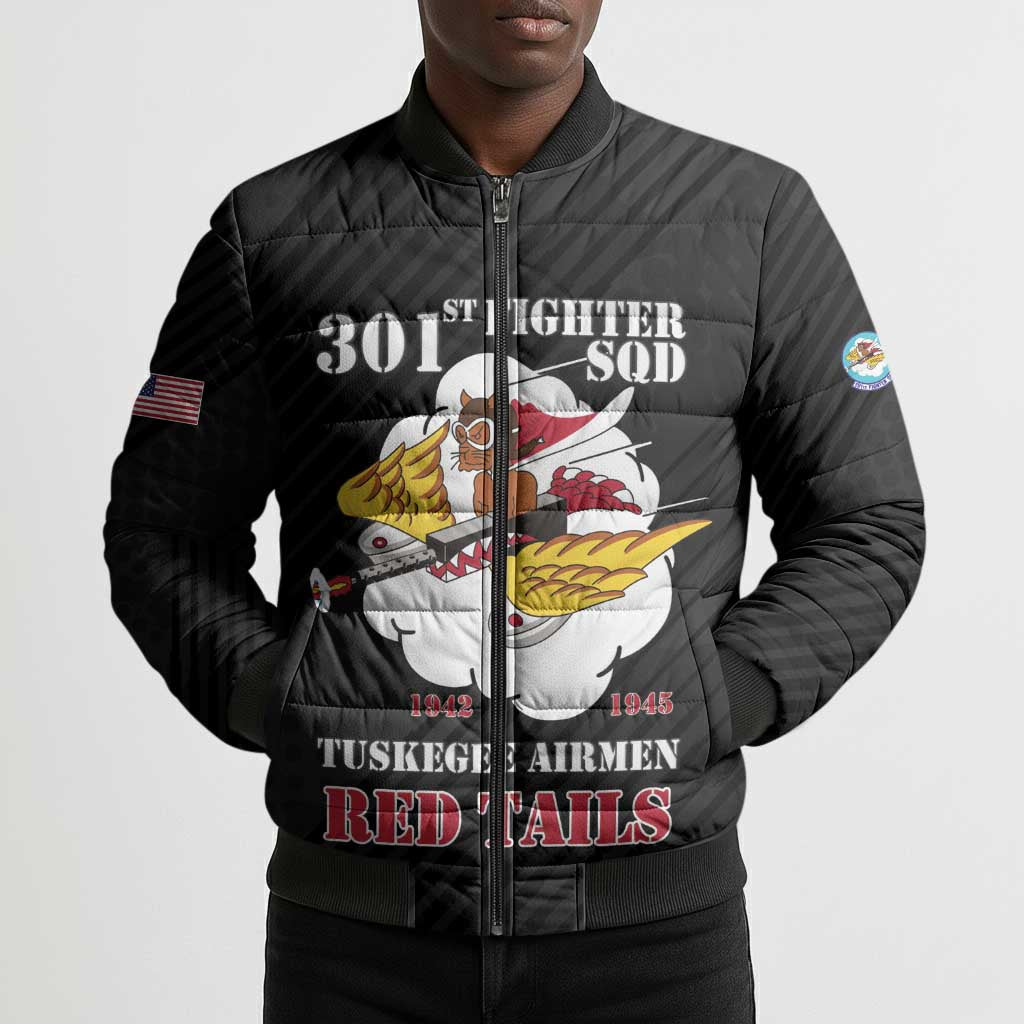 Personalized Tuskegee Airmen Red Tails Bomber Puffer Jacket 301st Fighter Squadron - Black
