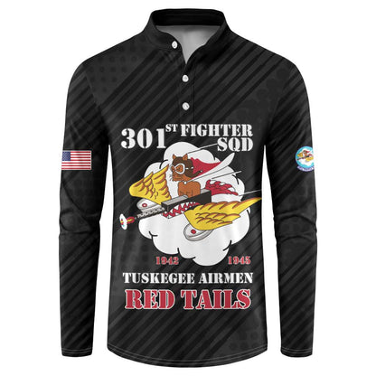 Personalized Tuskegee Airmen Red Tails Button Sweatshirt 301st Fighter Squadron - Black