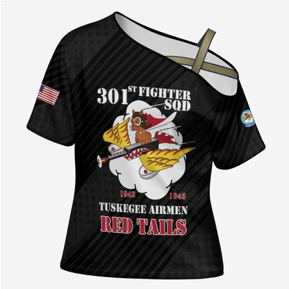 Personalized Tuskegee Airmen Red Tails Cross Shoulder Shirt 301st Fighter Squadron - Black