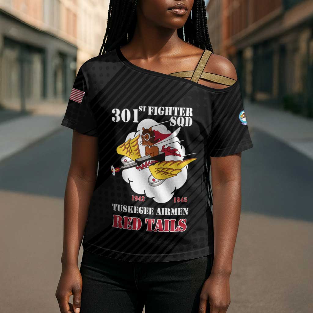 Personalized Tuskegee Airmen Red Tails Cross Shoulder Shirt 301st Fighter Squadron - Black
