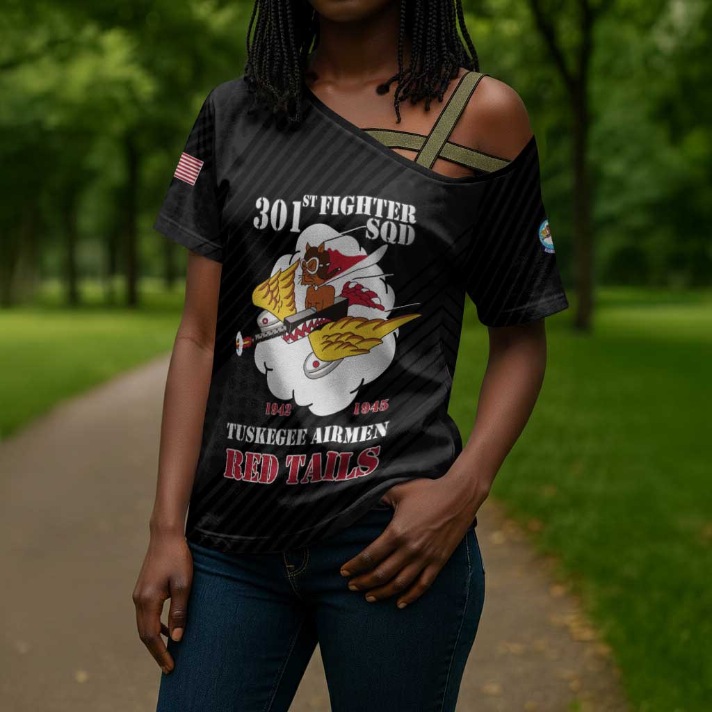 Personalized Tuskegee Airmen Red Tails Cross Shoulder Shirt 301st Fighter Squadron - Black