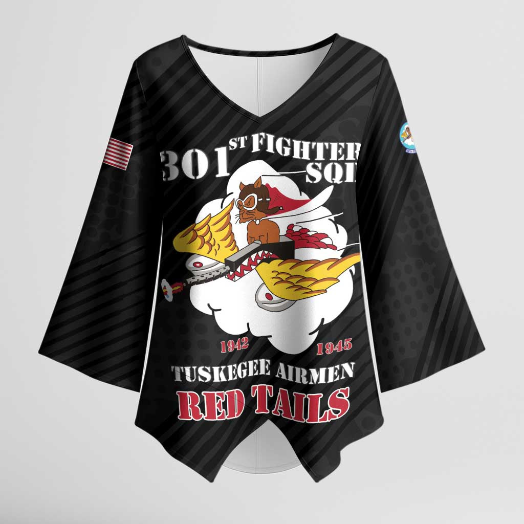 Personalized Tuskegee Airmen Red Tails Kimono Sleeve Blouse 301st Fighter Squadron - Black