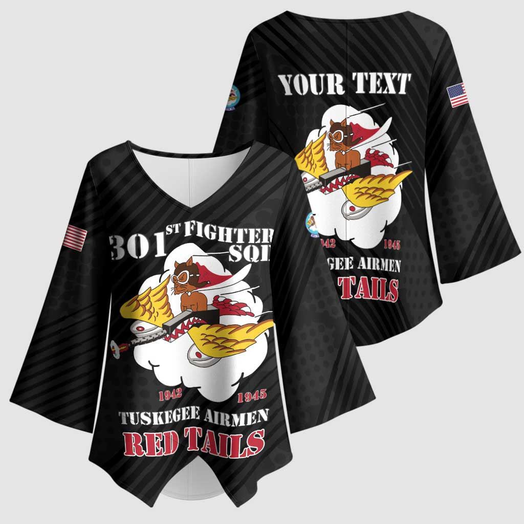 Personalized Tuskegee Airmen Red Tails Kimono Sleeve Blouse 301st Fighter Squadron - Black