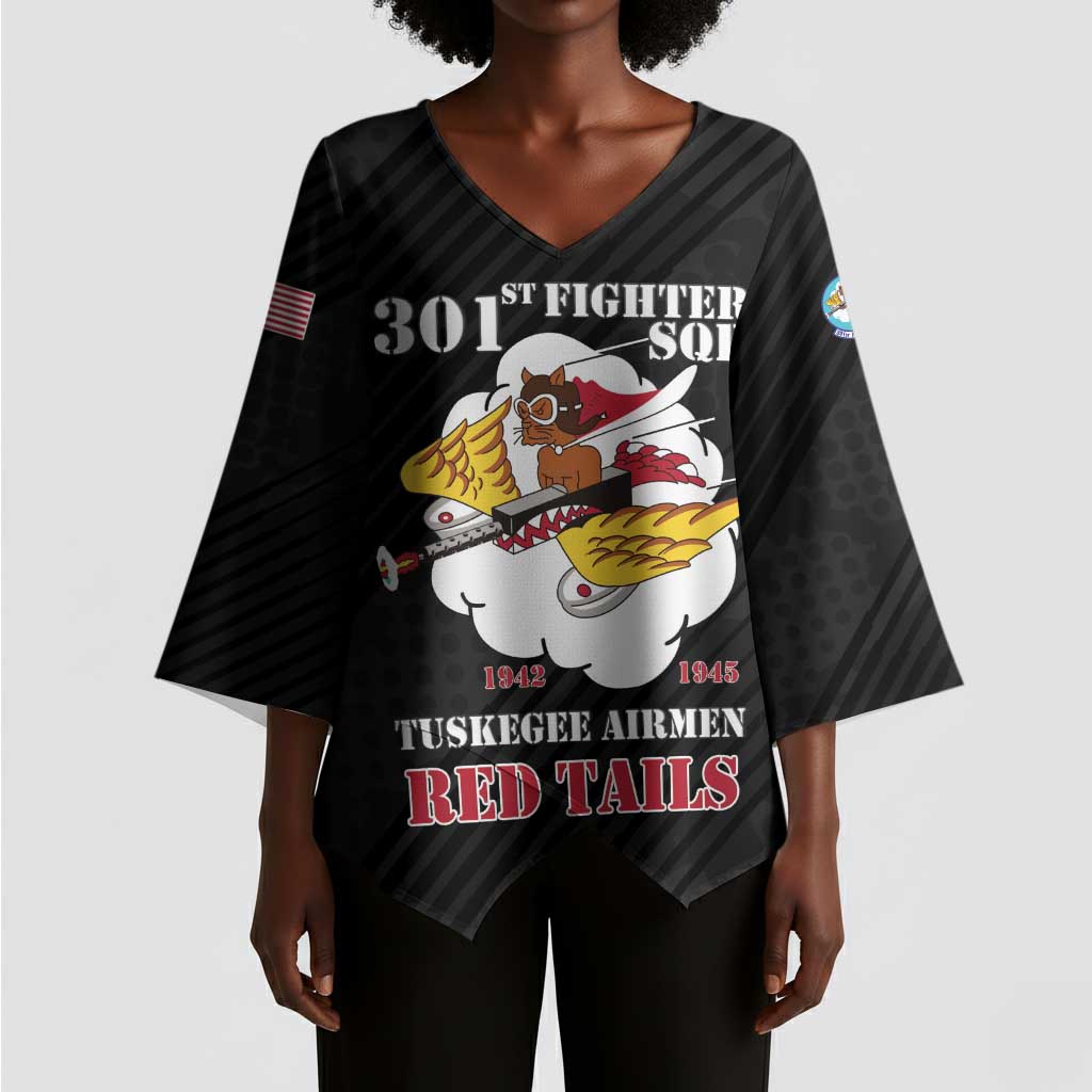 Personalized Tuskegee Airmen Red Tails Kimono Sleeve Blouse 301st Fighter Squadron - Black