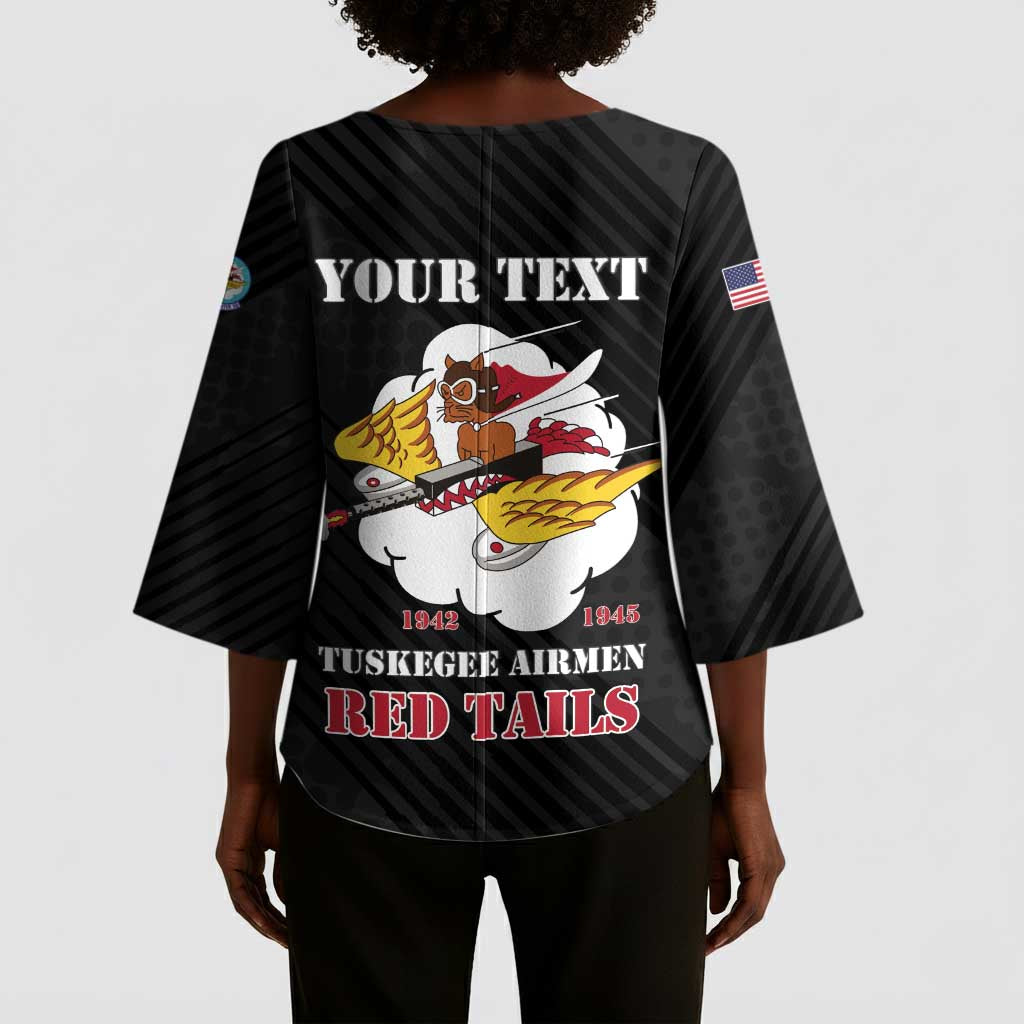 Personalized Tuskegee Airmen Red Tails Kimono Sleeve Blouse 301st Fighter Squadron - Black
