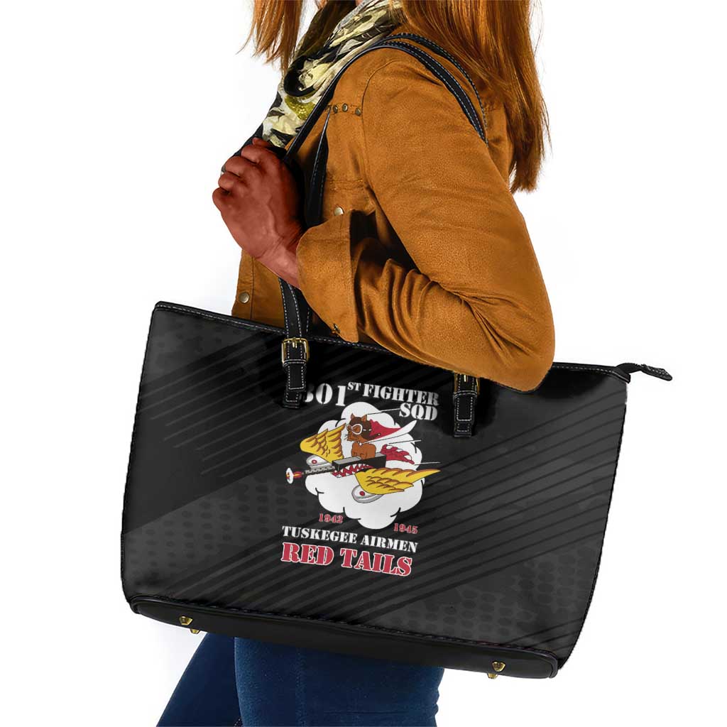 301st Fighter Squadron WWII Leather Tote Bag Red Tails Heritage - Black - African Pride