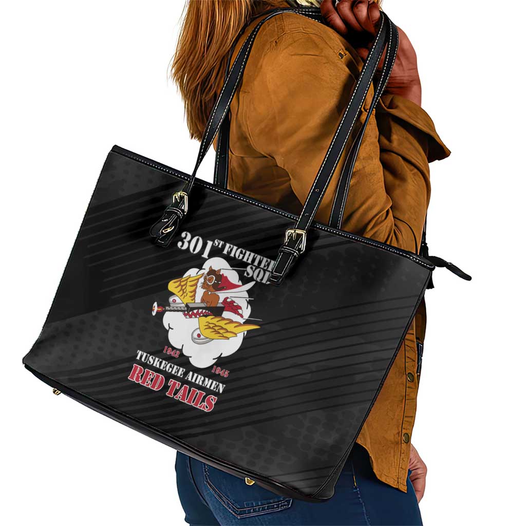 301st Fighter Squadron WWII Leather Tote Bag Red Tails Heritage - Black - African Pride