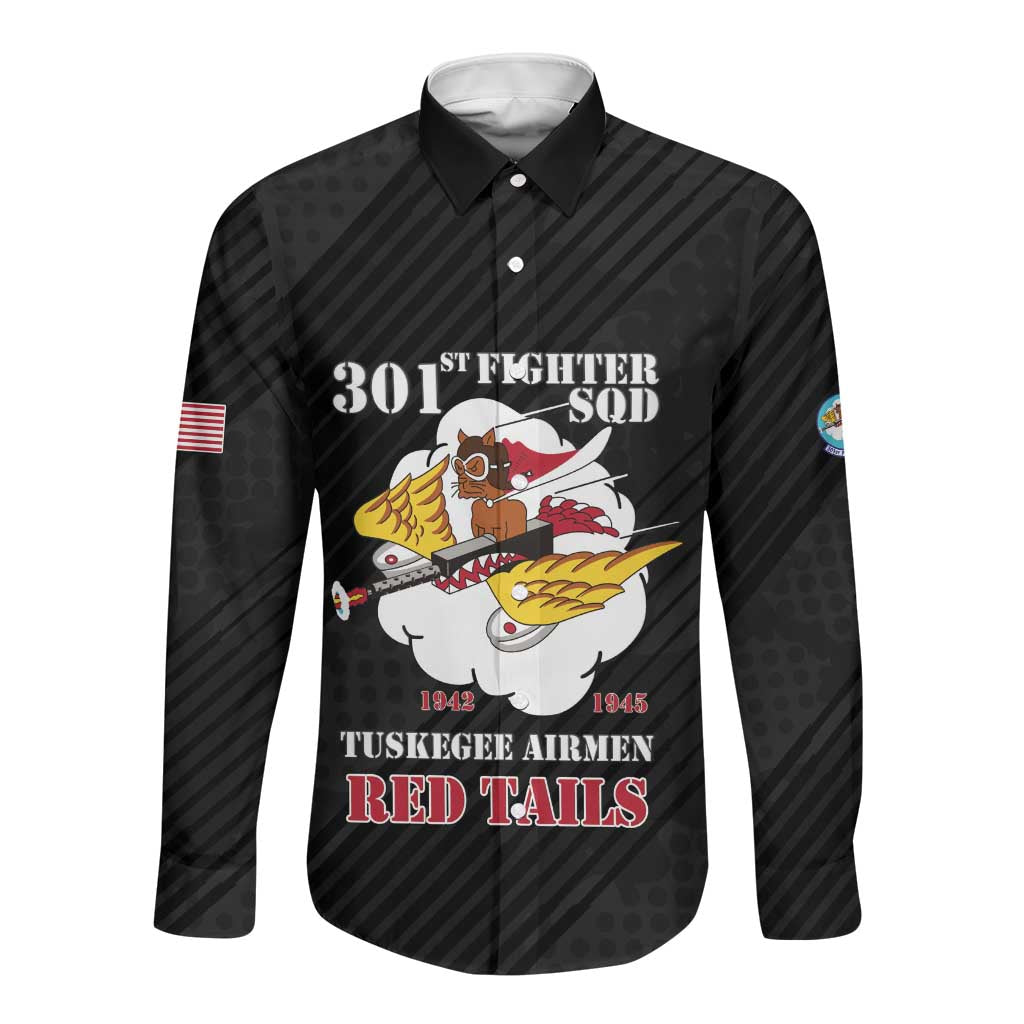 Personalized 301st Fighter Squadron WWII Long Sleeve Button Shirt Red Tails Heritage - Black - African Pride