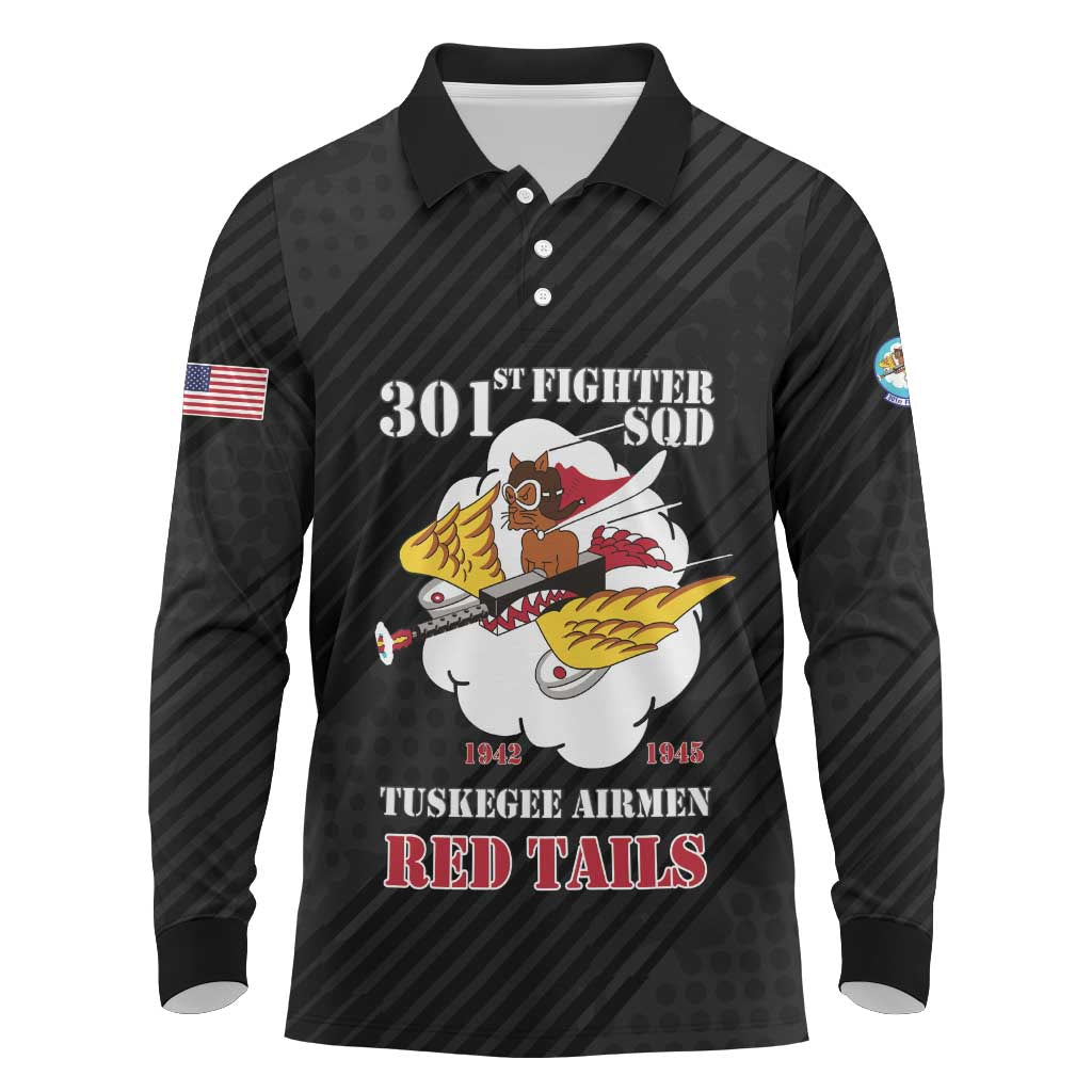 Personalized 301st Fighter Squadron WWII Long Sleeve Polo Shirt Red Tails Heritage - Black - African Pride