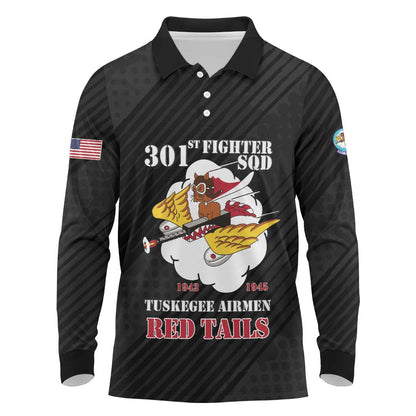 Personalized 301st Fighter Squadron WWII Long Sleeve Polo Shirt Red Tails Heritage - Black - African Pride