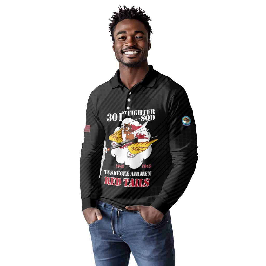 Personalized 301st Fighter Squadron WWII Long Sleeve Polo Shirt Red Tails Heritage - Black - African Pride