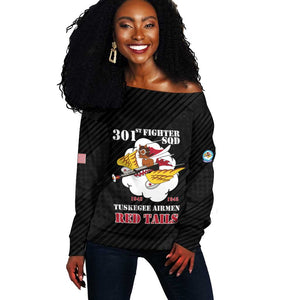 Personalized 301st Fighter Squadron WWII Off Shoulder Sweater Red Tails Heritage - Black - African Pride
