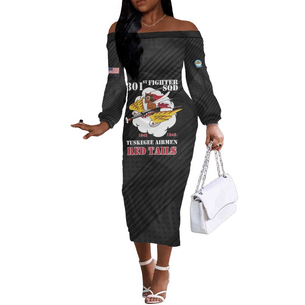 Personalized 301st Fighter Squadron WWII Off The Shoulder Long Sleeve Dress Red Tails Heritage - Black - African Pride