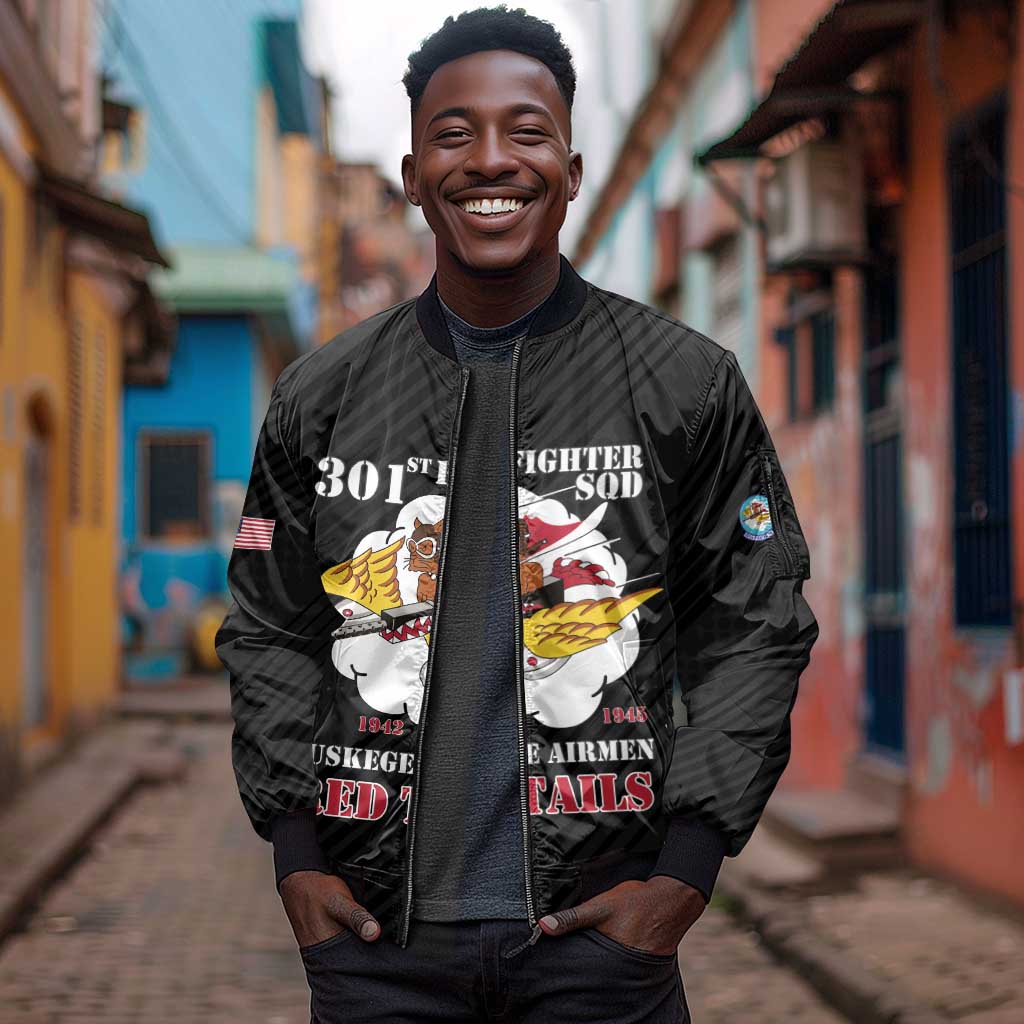 Personalized 301st Fighter Squadron WWII Sleeve Zip Bomber Jacket Red Tails Heritage - Black - African Pride