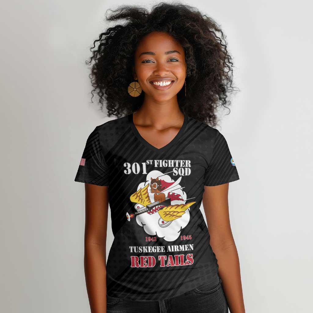 Personalized 301st Fighter Squadron WWII Women V-Neck T-Shirt Red Tails Heritage - Black - African Pride