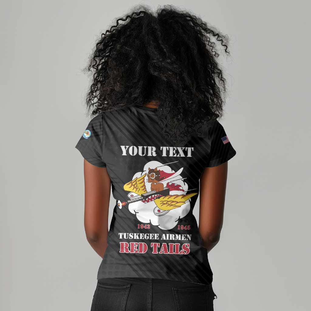Personalized 301st Fighter Squadron WWII Women V-Neck T-Shirt Red Tails Heritage - Black - African Pride