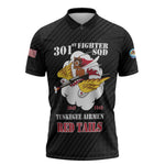Personalized Tuskegee Airmen Red Tails Zipper Polo Shirt 301st Fighter Squadron - Black