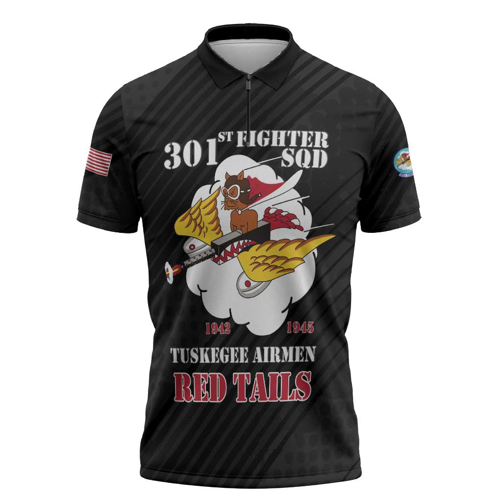 Personalized Tuskegee Airmen Red Tails Zipper Polo Shirt 301st Fighter Squadron - Black