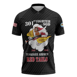 Personalized Tuskegee Airmen Red Tails Zipper Polo Shirt 301st Fighter Squadron - Black