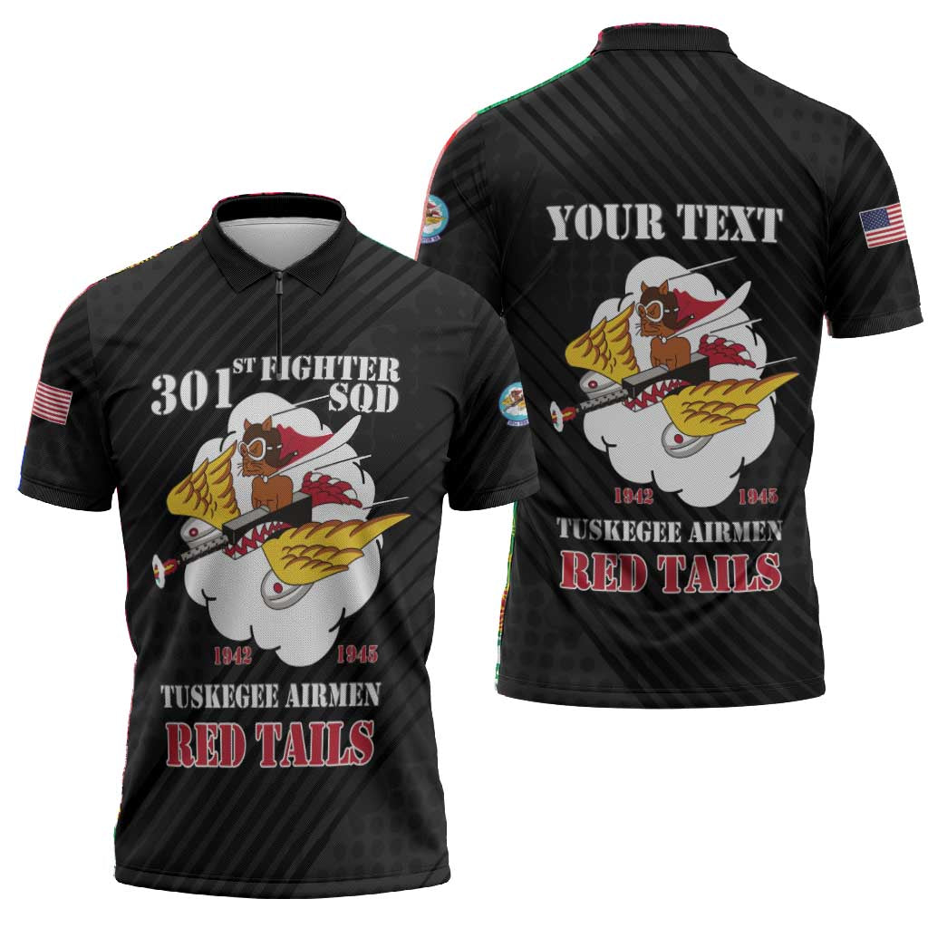 Personalized Tuskegee Airmen Red Tails Zipper Polo Shirt 301st Fighter Squadron - Black